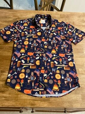 RSVLTS Navy Short-Sleeve Novelty BBQ Print Button-Down Shirt